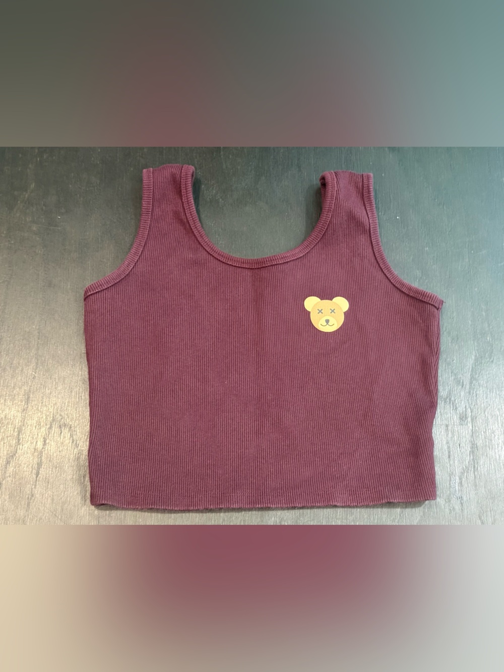 Obsessive Love Maroon Ribbed Cropped Tank Top with Bear XL